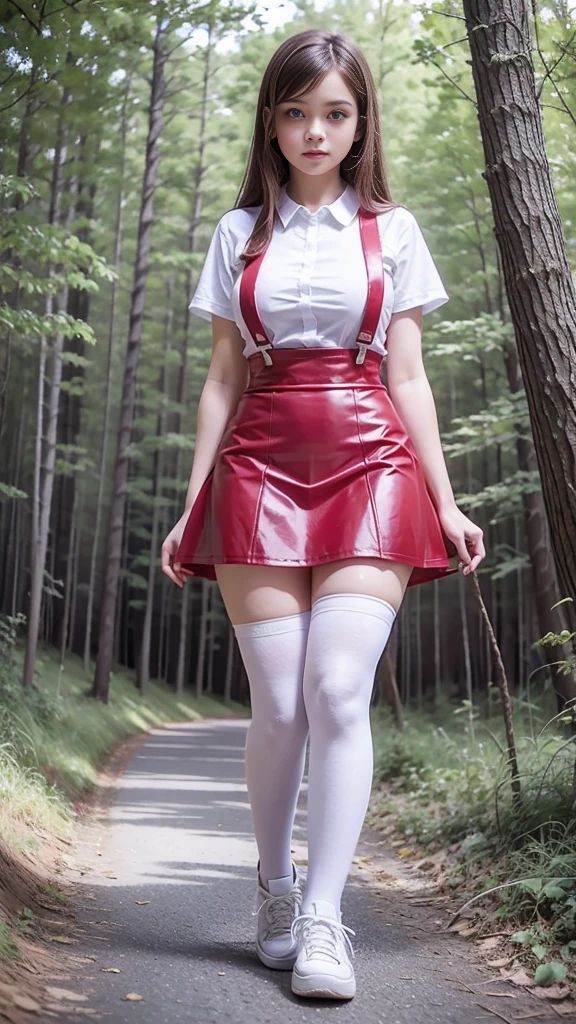 Cute young beautiful curvy schoolgirl ,  beautiful  teen face, red leather skater pinafore dress ,  transparent white blouse, short sleeves, red silk tie , brunette long hair,  beautiful eyes. stockings,  Sneakers,  schoolgirl - standing in the woods ,   photorealistic , sad face, skater pinafore, skater dress, full size figure