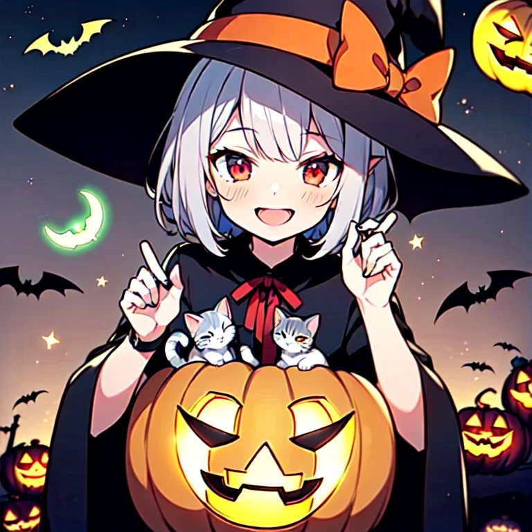  1 girl,avatar style,( little character :1.5),Cat ears,Mother cat,(( Silver hair short cut ,Red eyes,cute )),(((Halloween))), shooting stars ,Beautiful rainbow background ,whole body, best quality, Show animated illustration style ,((( I put a witch hat on my head, costume with ribbon , joyful face,Lots of kittens , jack-o-lanterns are glowing, multiple bats are flying   )))