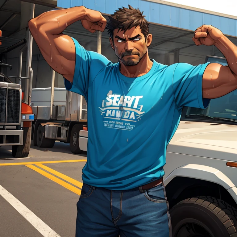 Clear outline, truck parking lot, worker, blue collar, tired face, angry eyebrows, slight smile, male, 40 years old, muscular, tanned skin, very short hair, dirty clothes, steam, heat, hot look, sweat, night, armpit hair, one arm raised
