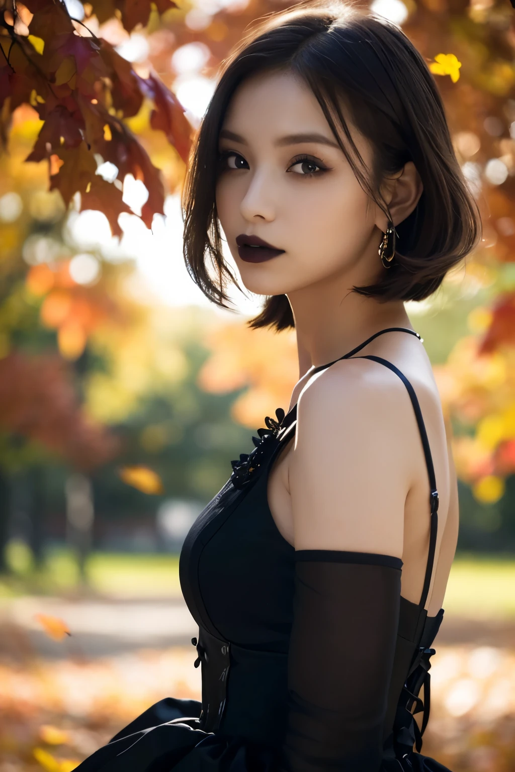  1 girl, ( She is wearing a gothic black dress:1.2), (Gothic Makeup),  A portrait of a very beautiful Japanese idol (RAW Photo Best Quality), (Realistic, Realistic:1.4), (masterpiece), 
 so delicate and beautiful,  very detailed , 2k wallpaper, wonderful, finely,  very detailed  CG Unity 8K wallpaper,  very detailed ,  High Resolution , Soft light, 
  beautiful girl with attention to detail  ,  very detailed 目と顔, A beautiful and elegant nose, Beautiful beautiful eyes, Cinema Lighting, 
(Girl full body silhouette:1.2), (Design background with lots of fallen leaves swirling all over:1.4), ( colorful autumn leaves ), ( vivid screen with strong contrasts :1.5),
( medium hair ), ( hair is blowing in the wind), 
 Perfect Anatomy, Slender body, Small breasts, Thin, slender legs