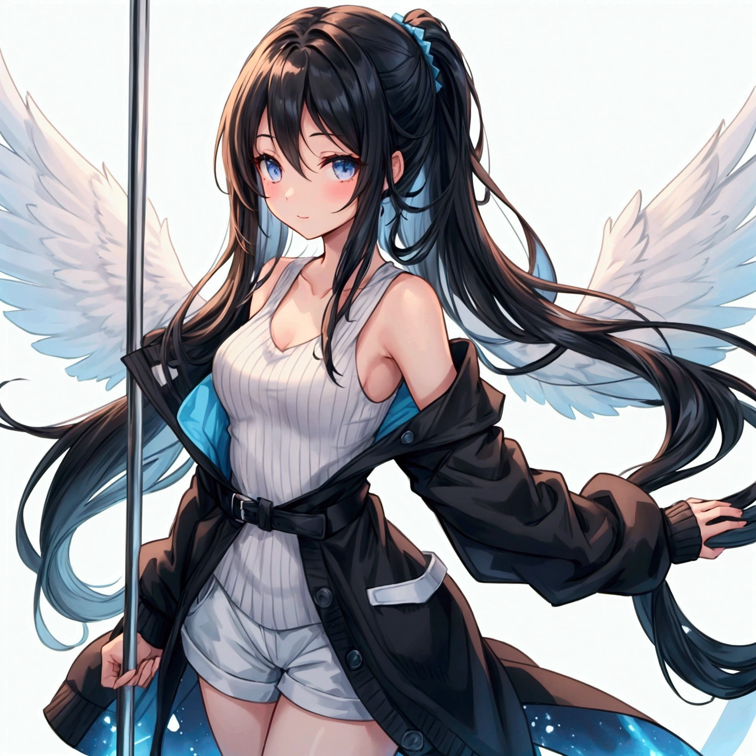 "A slender woman with long, flowing black hair, standing at 160 cm tall, weighing 45 kg, with a petite chest. Her eyes are a soft, pale blue, giving her a mysterious aura. She is wearing an iconic outfit inspired by Rinoa Heartilly from Final Fantasy VIII, which includes a long, sleeveless blue duster cardigan with a ribbed knit texture, flowing behind her. The cardigan features white wings printed on the back. Underneath, she wears a simple white tank top, paired with black, form-fitting shorts and mid-calf black boots. Her arms are adorned with matching blue arm warmers extending from her wrists to her elbows. The scene captures her entire full body standing in a bright, open grassland, with wind gently blowing, causing the grass and her outfit to flutter softly under a clear sky. The image is rendered in ultra-high quality, capturing every fine detail with stunning clarity."