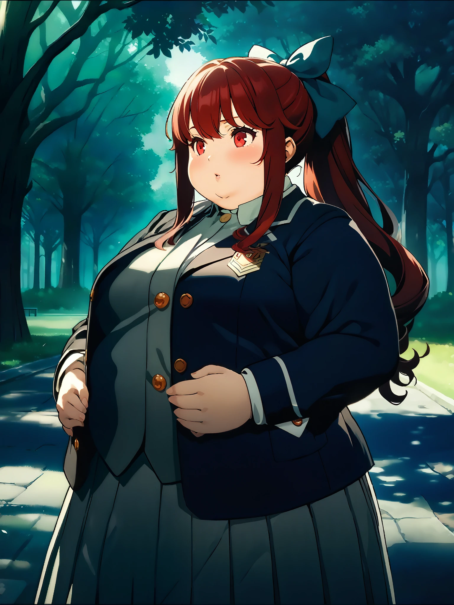 dskasumi, red hair, long hair, ponytail, red eyes, hair bow, shuujin academy uniform, school uniform, blazer, pleated skirt, 1girl, solo
BREAK
outdoors, park, trees, dappled sunlight, depth of field, cinematic, game cg, anime screencap, official art, masterpiece, best quality, fat, chubby, obese
