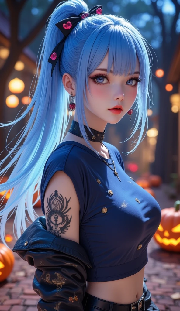 ภาพมุมสูง, ภาพถ่ายอนิเมะ, เด็กสาวกำลังนั่งอยู่บนpumpkinยักษ์, (( Blue-white long-haired woman, Ponytail left  ,  red lips, Ninja outfit, Shirt, pants, thick mascara  , Hair bow , many เจาะหู,  tattoos on thighs , dinamic pose)) , side view, nighttime, Halloween, pumpkin, bat, floor, Desert Forest , Tree , nighttime, 3D render 