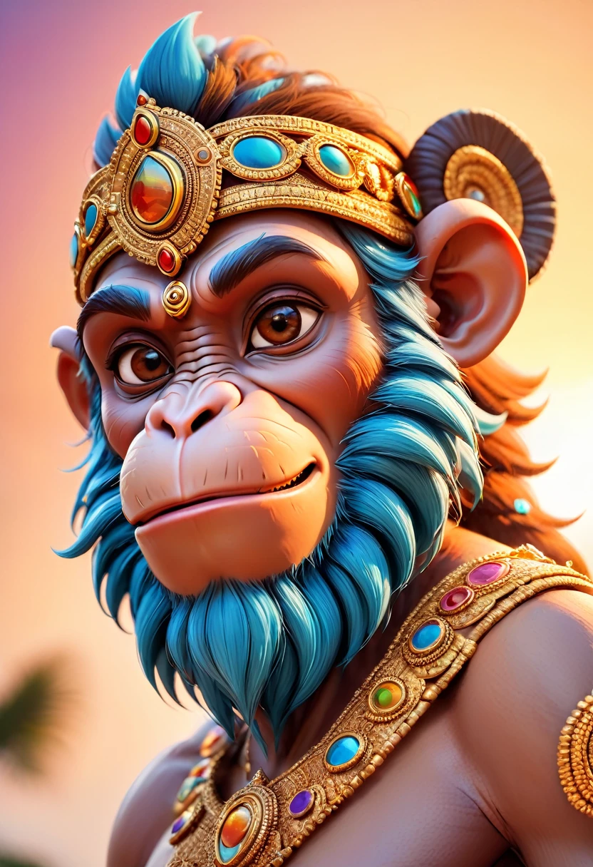 a  design of a  (((hanumanji)))), divine monkey face, sunset design, 3D art, cute and quirky, bright bold colorful., realistic effect, digital image , bird's-eye view , focused on the character, 4K resolution, photorealistic rendering, using Cinema 4D,front side