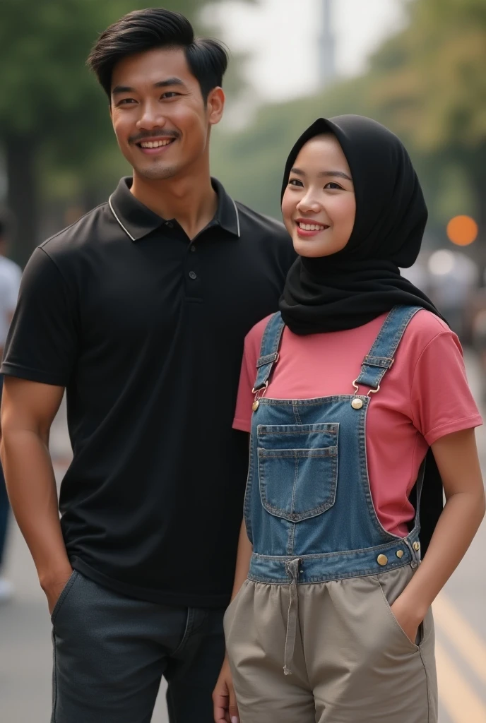 Best quality, high resolution, (masterpiece: 1.3),  1 girl and 1 man, girl in hijab, girl cute asian face, man handsome, detailed face features, at noon, Great lighting, great sunlight, Bright colors, Ultra realistic clean lines, very realistic, 