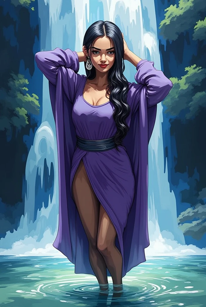 best quality, highly detailed, intricate details, extremely detailed, smooth lines,  1woman, (fair skin), black eyes, (hourglass body), small breasts, on water, long hair, (black hair), front view, standing, (closed eyes), thick lips, parted lips, (wizard clothes), (intrincate clothes), (wet clothes), (wet hair), classic fantasy, earrings, (upper body), (hands behind head), bare shoulders,abstract background, sunlight, water, waterfall, Flat-Popji 