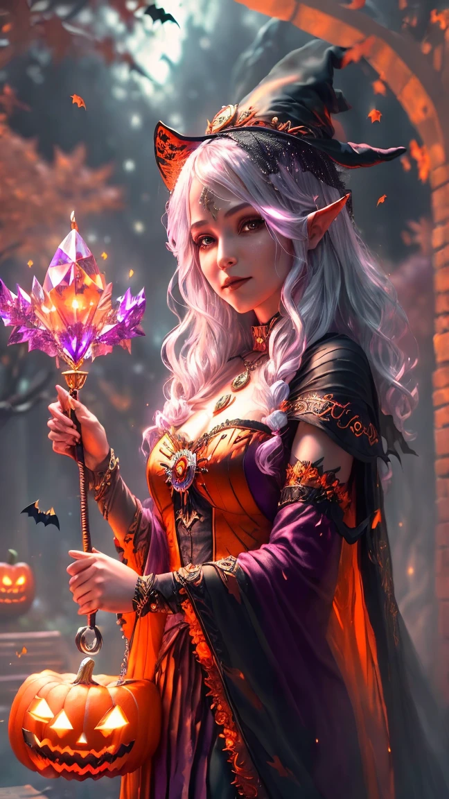 ((Cheerful young sorceress:1.2) with (flowing pink-silver hair:1.1, fox-like features:1.1) wearing ((enchanted Halloween witch costume:1.3) with (magical rune-embroidered black dress:1.2, playful orange accents:1.1, ethereal gossamer cape:1.0))) BREAK ((mystical crystal staff:1.1) emanating (warm golden light:1.0)) BREAK (royal academy courtyard:1.0) with ((autumn leaves dancing:1.1), (magical pumpkin lanterns:1.0)) BREAK (soft twilight atmosphere:1.1, ethereal magical particles:1.0) BREAK (masterpiece, ultra-high resolution, ray tracing, volumetric lighting, subsurface scattering)