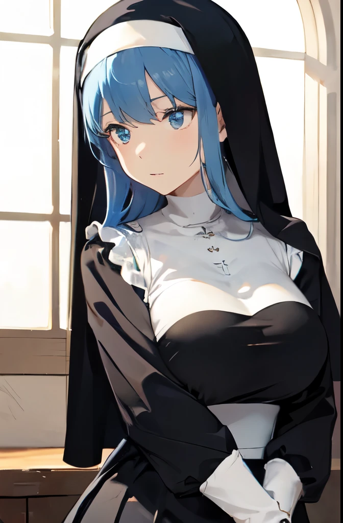 One Nun,Monastic Clothes,Nun's Skirt ,Blue Hair, long hair,Large Breasts,The light is shining, upper body,Viewed from the front,masterpiece, best quality, detailed, anime, the anime one, 2D Anime, manga