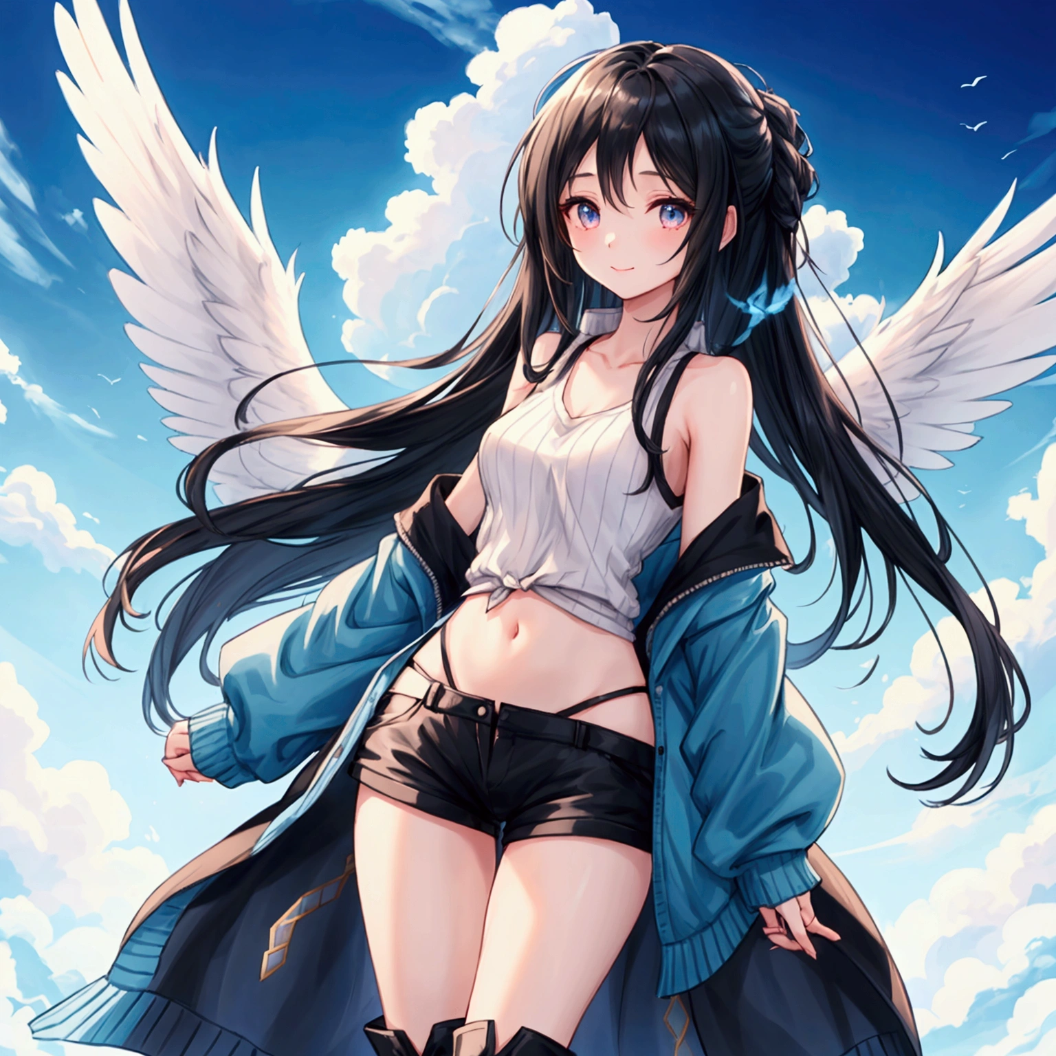 "A slender woman with long, flowing black hair, standing at 160 cm tall, weighing 45 kg, with a petite chest. Her eyes are a soft, pale blue, giving her a mysterious aura. She is wearing an iconic outfit inspired by Rinoa Heartilly from Final Fantasy VIII, which includes a long, sleeveless blue duster cardigan with a ribbed knit texture, flowing behind her. The cardigan features white wings printed on the back. Underneath, she wears a simple white tank top, paired with black, form-fitting shorts and mid-calf black boots. Her arms are adorned with matching blue arm warmers extending from her wrists to her elbows. The scene captures her entire full body standing in a bright, open grassland, with wind gently blowing, causing the grass and her outfit to flutter softly under a clear sky. The image is rendered in ultra-high quality, capturing every fine detail with stunning clarity."