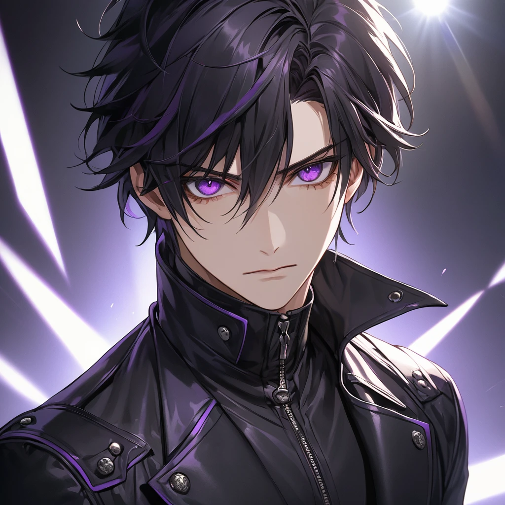 High Resolution, High quality, HD, 4k, no shadows, handsome male, handsome, extremly handsome, 1male, 1 male, teenager, jet black hair, short black hair, dark hair, black hair, dark black hair, sharp eyes, dark eyes, deep purple colored eyes, dark purple colored eyes, deep violet eyes, violet eyes, devil may cry, close up, calm expression, stoic expression, black leather clothing, black leather clothes, black leather, dark leather, lean body, well trained body, upper body, looking at viewer, cowboy shot, white solar, Reflection Light, God Rays