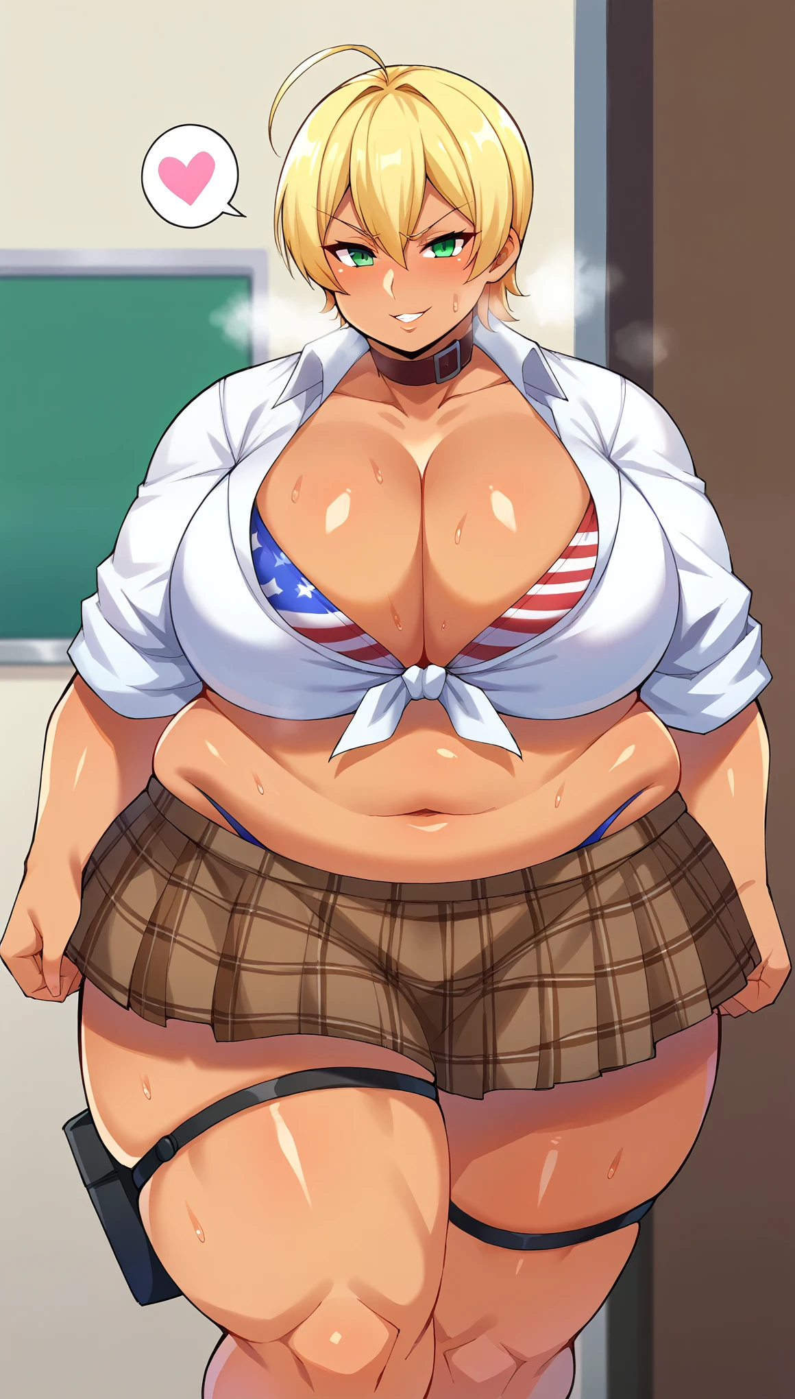 score_9, score_8_up, score_7_up, score_6_up, class room,
BREAK
ExpressiveH, souce_explicit,
BREAK
1girl,mito ikumi, dark-skinned female, blonde hair, short hair, ahoge, elect nipple, large breasts, seductive, smile, spoken heart, 
collar, white shirt, tied shirt, sleeves rolled up, american flag bikini, thong, cleavage, brown skirt, plaid skirt, thigh strap, 
tall, leggy, shiny skin, heavy breathing, wide hips, tight waist, thick thighs, sweat, steaming body, fat, chubby, obese, gigantic arms and legs 