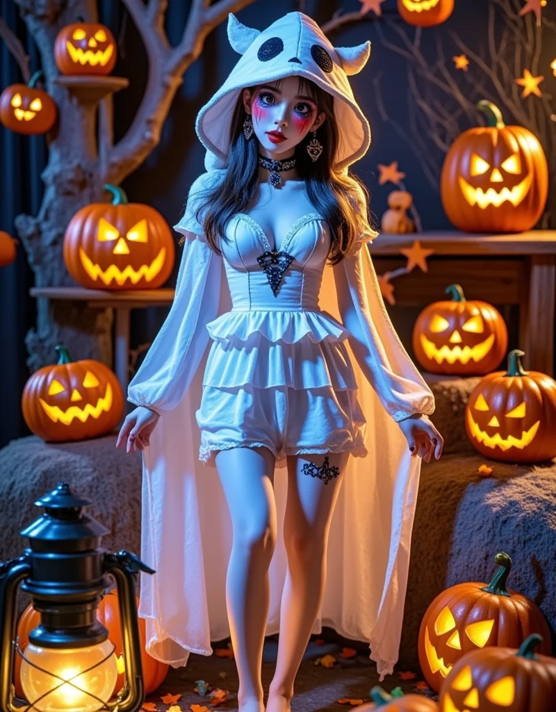 Ghosts，masterpiece,best quality, high quality,8k,highres,photorealistic,best masterpiece,Ultra high resolution,ultra detailed details，overhead shot，a girl，Thin waist, perky buttocks，Slim figure, tall and slender，whole body,Big breasts，Wear a long white dress that covers theTight fitting whole body's skin，The material of the dress can pass through the light. There is a large hood on the head that covers the head, face and arms. There is a lovely ghost expression on the hood. Two curved black eyes and lovely powder blusher cover the whole body's skin,Cute arm movements,Legs apart, knees forward，Lift your arms apartAt night，Outline light, on the roadside, with a Halloween atmosphere,Large area, strong light, backlight from bottom to top, Backlight exposure, legs slightly open, and the light passes through the clothes showcasing long legs，Light up the long legs inside the clothes,The light is blocked by someone，Light passes through the inner thigh