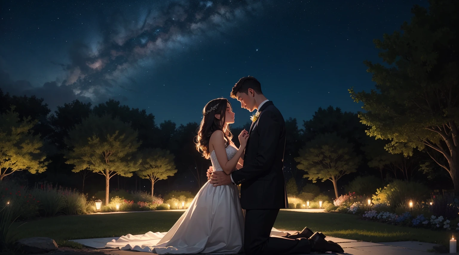 masterpiece, A romantic setting where a man is kneeling down to confess his love to a woman. The backdrop is a starry night with twinkling lights, and the couple is surrounded by nature, perhaps in a garden or a quiet, scenic spot. The woman is blushing, while the man looks up at her with hopeful eyes.


