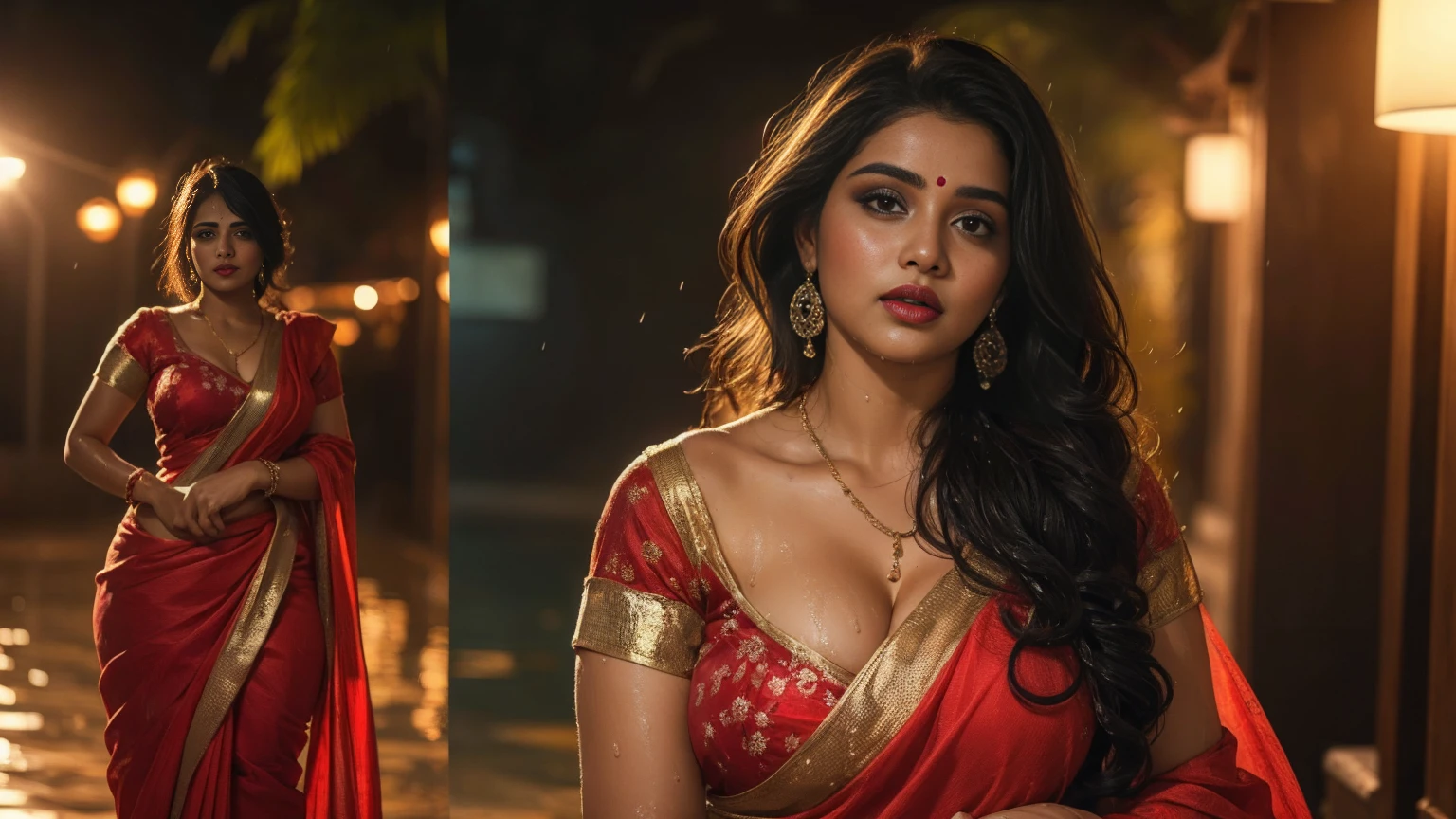  Beautiful cute wet tamanna bhatia, with thick thighs and a curvy waist,  wearing a red beautiful Indian dress, ((lowwaist)), ((wet silky hair)), ((wet hair)), ((loose wet hair)), (( beautiful Indian dress)) , bindi on forehead, highly detailed, depth of field, cinematic lighting, intricate, ((26yo, gorgeous face, model, makeup)), gorgeous Indian woman in outdoor wearing  blouse, milf, dusky skin, makeup, curvy, tall, hourglass figure, seductive , ((looking at viewer)), jewelry, black hair, ((MILF)), ((big :1.1)), ((wide hips:1.2)), full figured, seductive, photorealism, hyper realistic,((wearing bottom half  saree)), full face Blush, (seductive face)) , ((nipple visible)) , ((nudity)), raining