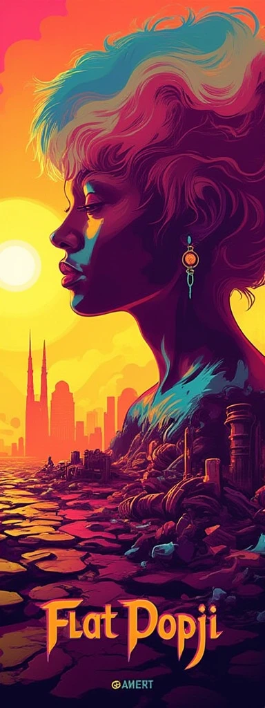 A haunting double exposure vector art of a person's profile superimposed upon the ruins of a post-apocalyptic cityscape at sunset withthe title "Flat Popji" written in bold text at bottom center. The city's crumbling spires and twisted metal debris blend seamlessly into the contours of the face, its vibrant colors bleeding into the soft features. Ink-like lines define the subject's silhouette as it rises from the cracked earth, while acrylic textures evoke a sense of worn, aged paper. In the background, a mystical, luminous haze glows with an otherworldly intensity, as if the very fabric of reality is torn asunder to reveal the dreamlike city beneath, Flat-Popji