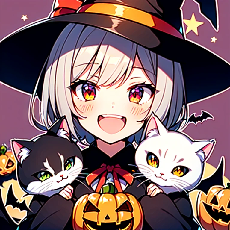  1 girl,avatar style,( little character :1.5),Cat ears,Mother cat,(( Silver hair short cut ,Red eyes,cute )),(((Halloween))),The background is a rainbow of shooting stars,whole body, best quality, Show animated illustration style ,((( I put a witch hat on my head, costume with ribbon , joyful face,Lots of kittens , jack-o-lanterns are glowing, multiple bats are flying   )))