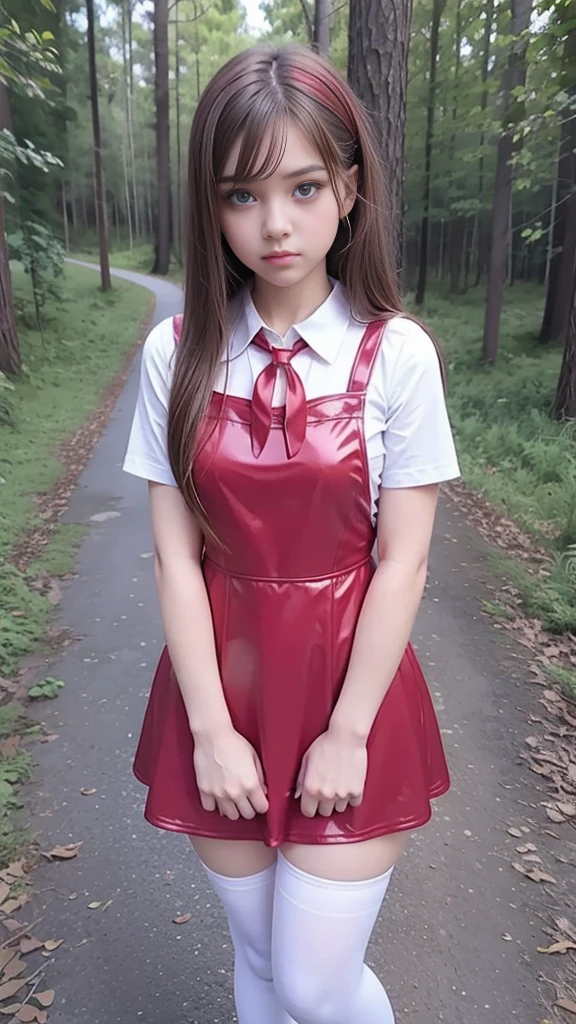 Cute young beautiful curvy schoolgirl ,  beautiful   face, red leather skater pinafore dress ,  transparent white blouse, short sleeves, red silk tie , brunette long hair,  beautiful eyes. stockings,  Sneakers,  schoolgirl - standing in the woods ,   photorealistic , sad face, skater pinafore, skater dress, full size figure