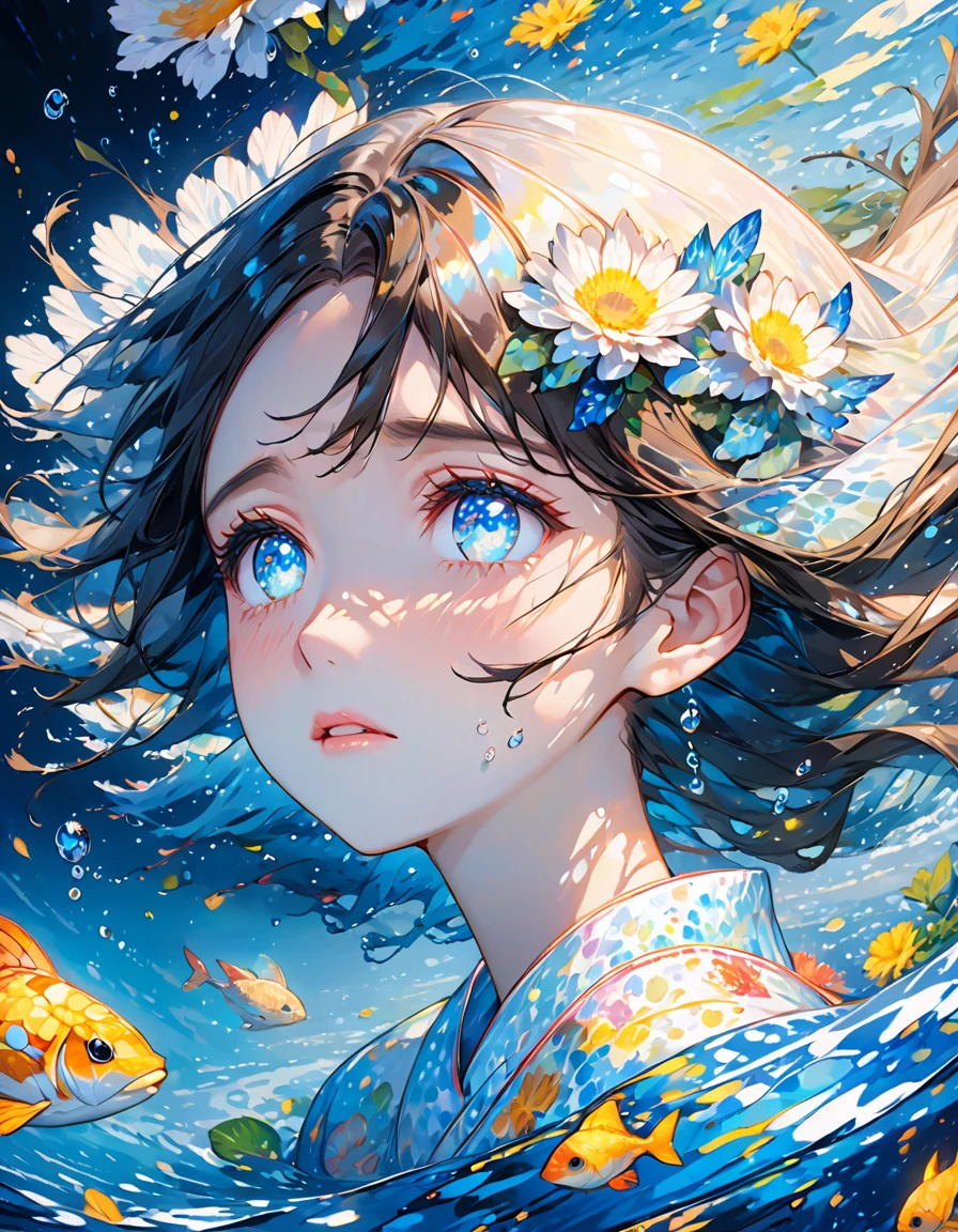 , girl swimming underwater, super detailed rendering style, glow, yellow, blue, brush, surreal oil painting, shining eyes, tears, crying, tearful eyes, head close-up, exaggerated perspective, Tyndall effect, water droplets , mother of pearl iridescence, holographic white, black background,