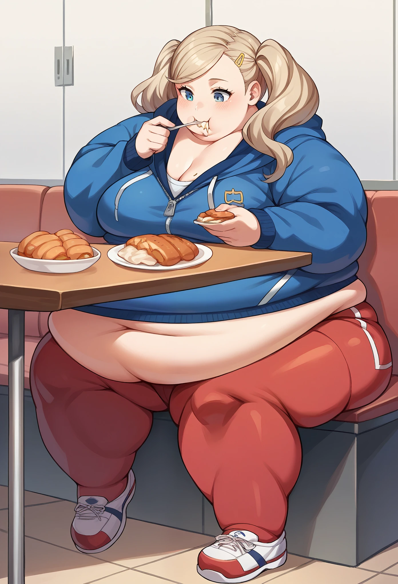 score_9, score_8_up, score_7_up, source_anime BREAK 2girl, takamaki ann, wearing school wear, a jacket with hoodie, red leggings, cafeteria, sitting, eating, smile, mouth with food, fat, chubby, obese, full body shot 