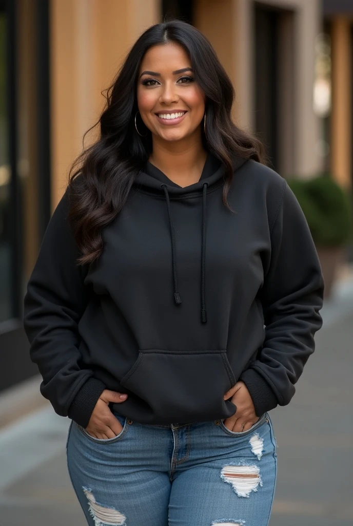 Create a hyper-realistic Gesichtsansicht, photorealistic portrait ((Gesichtsansicht)) a 30-year-old black woman, Emphasizing her detailed and perfect facial features, hat lange, slightly curly black hair and striking gray-hazel eyes. Konzentrieren Sie sich auf ihre kleine Nase, kurvig, Very big tits, Brustgröße (Cup size 90K). capturing the essence of her beauty and maturity, characteristic of a 30 year old black MILF. Der Stil sollte hochwertig sein, Kunstrealismus, Jedes Detail wird erfasst, um eine lebensechte und authentische Darstellung zu vermitteln, mit Kapuze, grauer Hintergrund