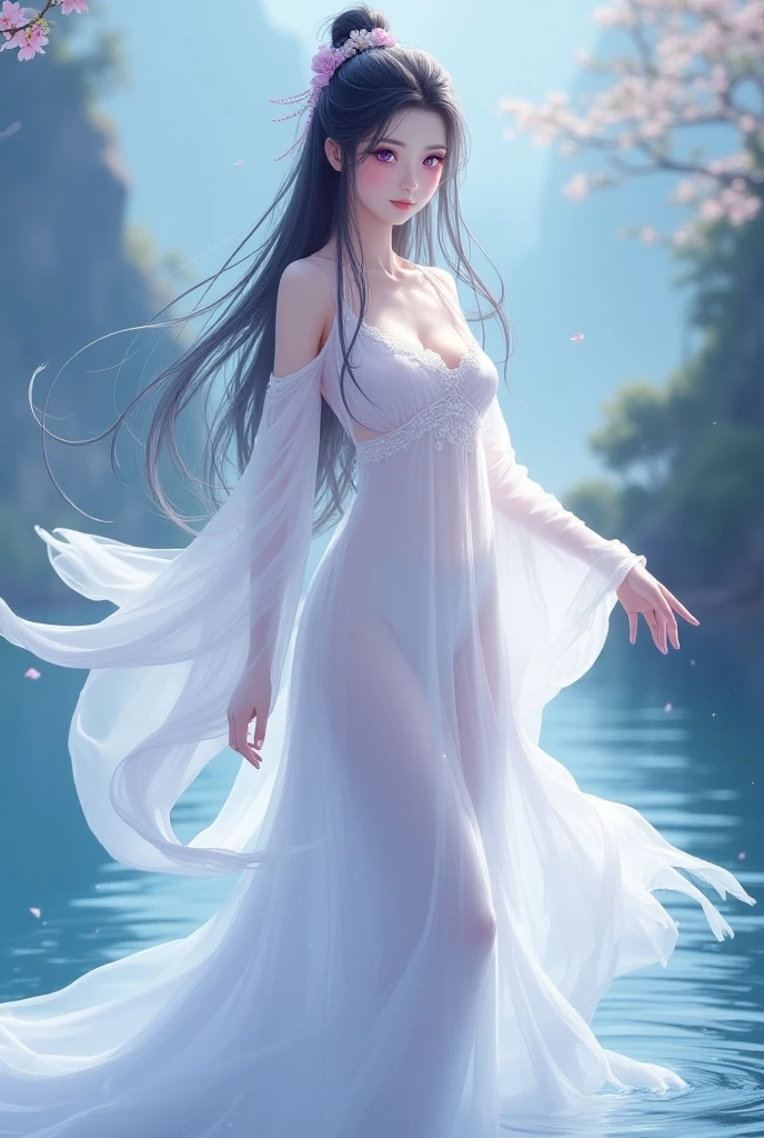 loose outfit、Show shoulders、How to wear a gown with a broken see-through halter neck、Decorated with intricate patterns and pastel colors、Transparent material that makes the skin shine、Artistic depiction of seductive woman in gown with wet thin cloth and transparent skin, Floral and fantastic pattern with flowing silky traditional see-through skin。Her dress draped elegantly around her curvaceous figure、Emphasizes her charming silhouette。She's a gentle fireworks night、Dynamic Posing、Sexy Posing、bathed in the soft glow of moonlight。The scene is、With a hint of mystery and sensuality、It exudes an ethereal dreamy atmosphere。The image style is、Incorporates a blend of watercolor and digital illustration techniques.、It makes you feel delicate beauty and charm。Soft moonlit lighting、Cast gentle highlights and shadows on her mesmerizing features。Dynamic Posing、Bold poses、The hand is somewhere、see -through、show through、A sexy、Wet hair、Wet、cherry trees、flower petals、cherryblossom、The cherry tree、Sakura blizzard、buried、Transparent skin、Wet clothes、Chest Pulling、Translucent clothes、Eau、nudde、