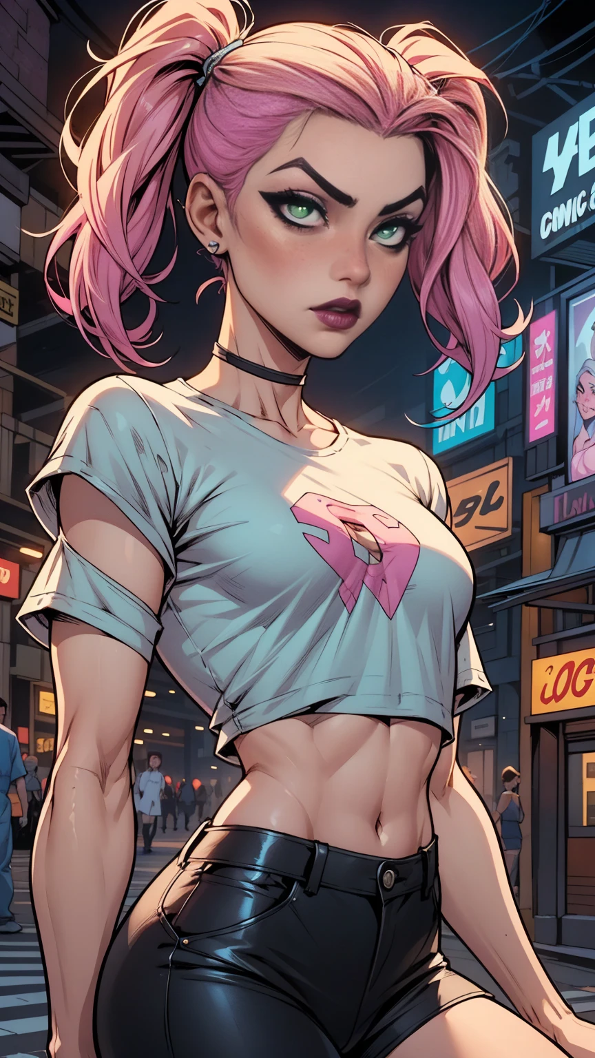 Close up of an  supermodel woman face, at a busy cluttered city street background, daytime, pale blue eyes, detailed short pink hair with pigtails and shaved sides haircut, freckles, blushing, pouting expression, single eyebrow raised, eye shadow, black lipstick, pierced eyebrow, big , wearing a loose baggy tshirt crop top, looking to the side, comic book style, flat shaded, prominent comic book outline linework