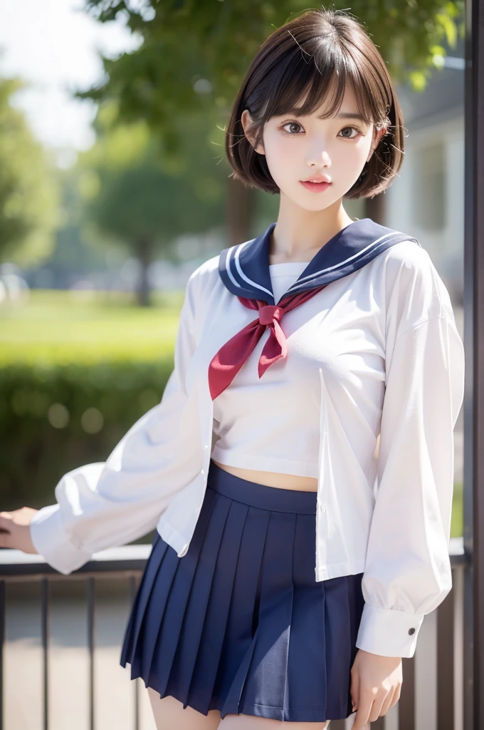 superfine illustration, very detailed beautiful face and eyes, Dynamic Angle, Good weather, blush, Show from head to knee, Short hair, however、Hair under the shoulders, school gym, School uniform, Sailor Suit, Laugh