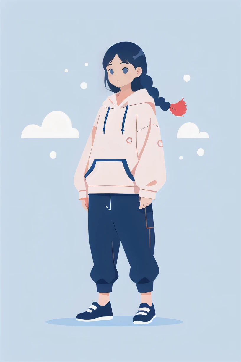 shadow flat vector illustration,masterpiece, is the best quality,1 Girl, Baggy hoodie ,Girl holding flowers, Chinese style illustration, Colorful cartoon characters , simple lines, bright color , background, simple , Long hair in two small braids , Happy expression, Holding a bouquet of red and white peonies , Light orange petals fly , in the style of a whimsical book illustrator, A masterpiece of the art of St. Louis, is the best quality, illustration, flat shape,Clouds, Good shape , perfect line , perfect line draft , Professional,