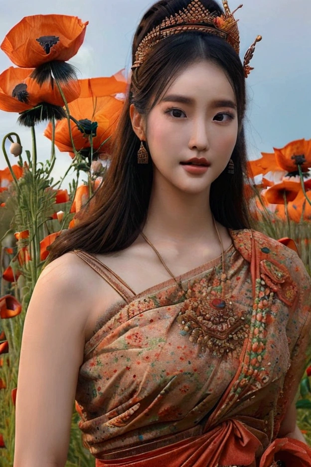 A beautiful young woman of Korean descent, muscles, skinny body, curvy body, curvy waist, A field of poppies, beautiful flower field, Beautiful ancient Thai dress,