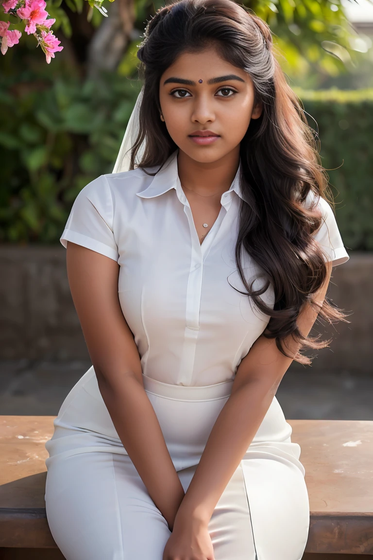 Outdoor image of 18 years  ((young Tamil Indian girl ))((wearing tight  airhostess uniform))(dark skin)(fat body)n school school photo in school masterpiece, (photorealistic:1.20), best quality, beautiful lighting, Eleanor Latino girls  , beautiful eyes extremely( hair Bun, loosen hair ,free hair)long extreme curly hair Lifts ). Flowers on hair, intricate details, (Art Station:1.2),Tamil pretty girl, ultra realistic skin (bridal hair)HD wallpaper 32k cinematic shoot of a Beautiful cute girl, with thick thighs ),)((chubby cheeks))(((upturned_eyes)))((wide set eyebrows))(((oval face)))((erotic poses for magazine,))wearing tight  airhostess dress ))