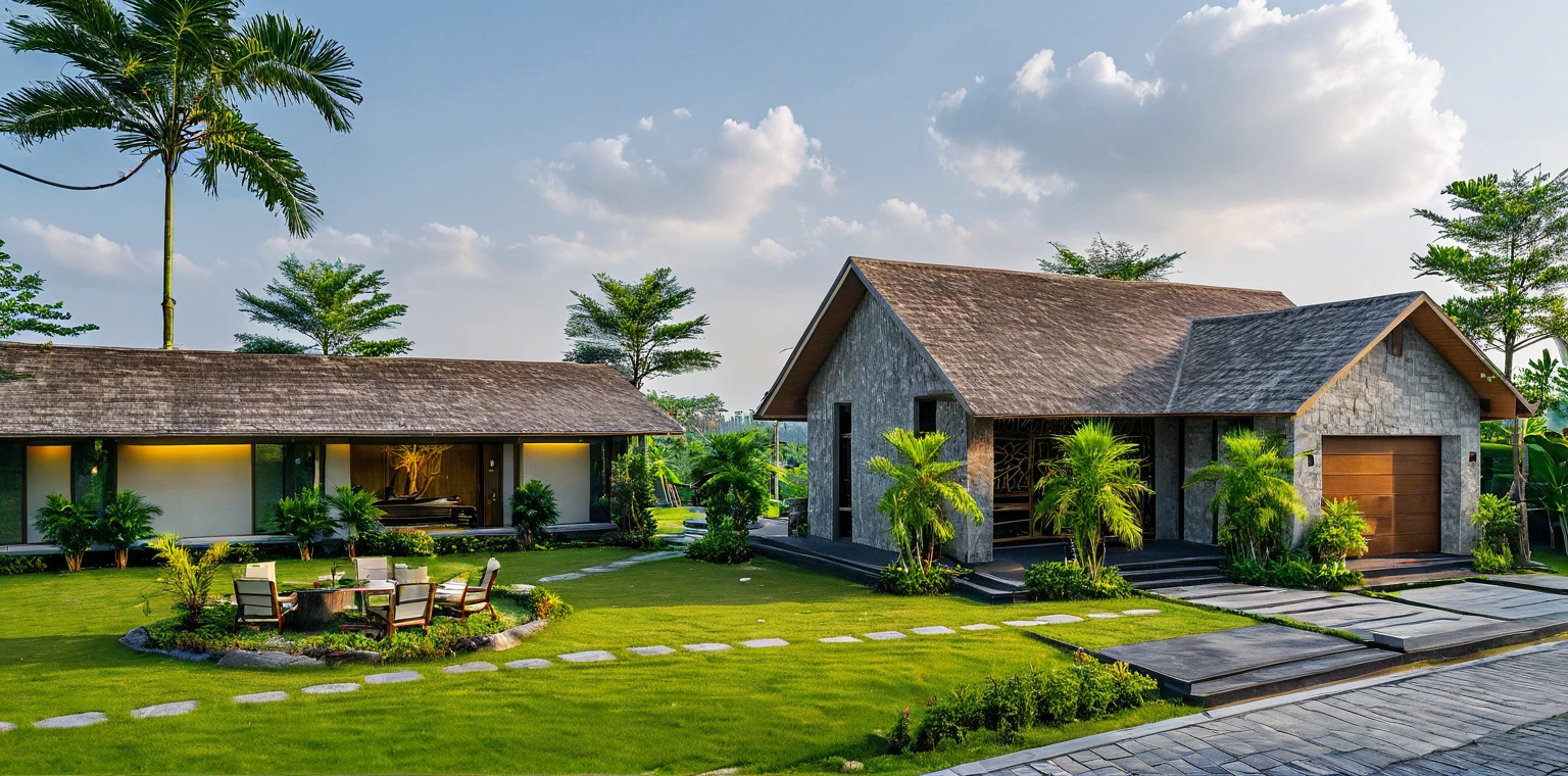 Masterpiece, high quality, best quality, authentic, super detail, outdoors, house style modern,Country house, Bali island resort style, brick wall, thatched roof house, palm roof, thatched roof, spotlight interior lights, Taiwanese almond tree, coconut tree, yard grass, BBQ, 8K, (day:1.1), realistic lighting,