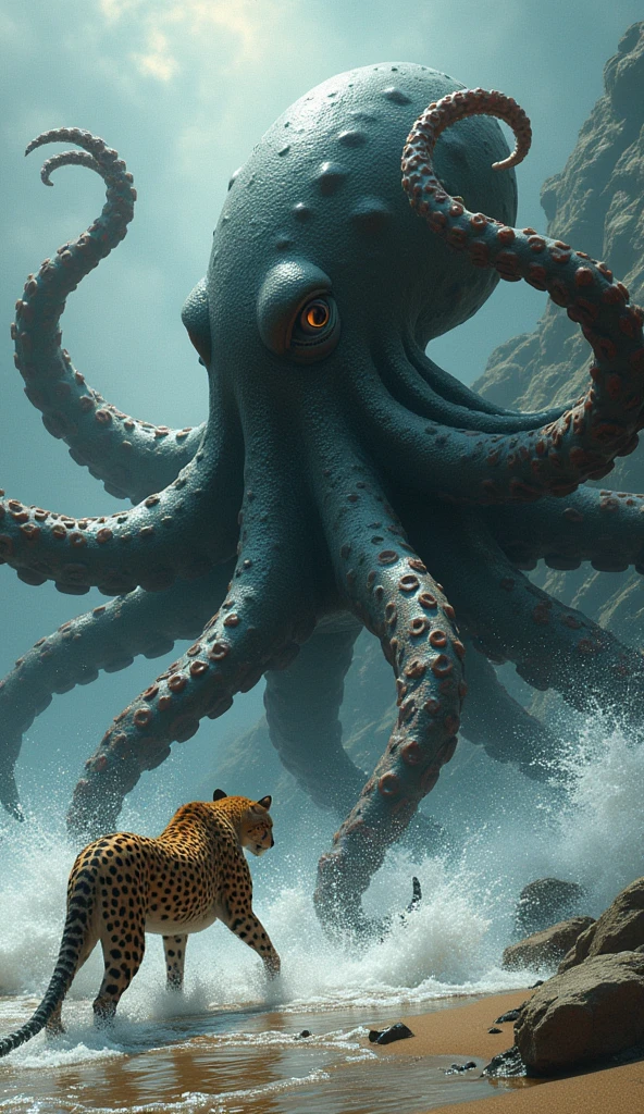 A bear in space fighting a giant squid super epic realistic end of the world and of mortal existence