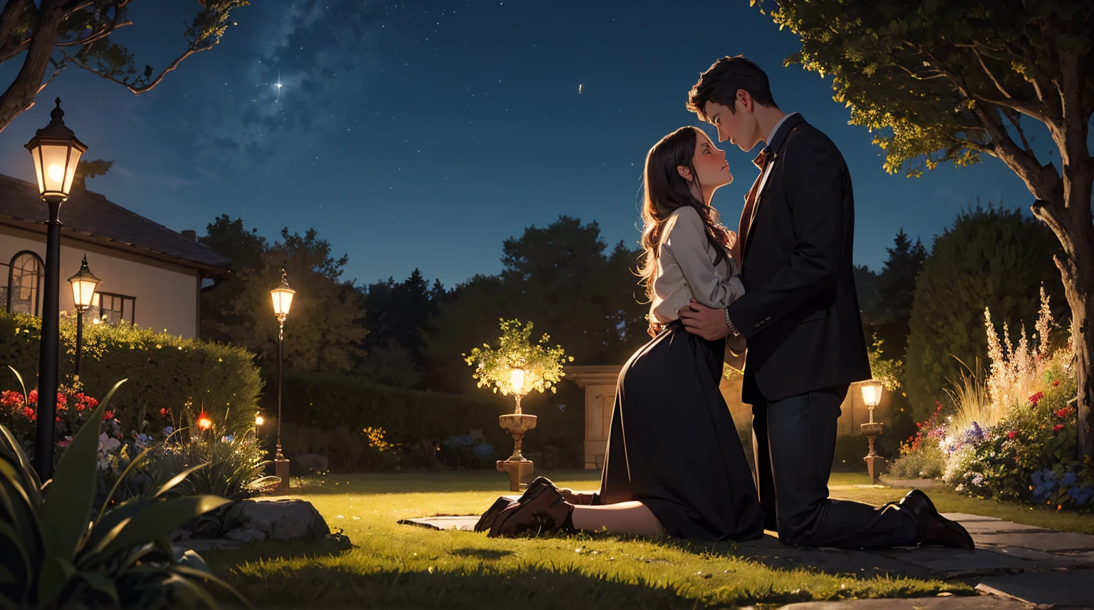 masterpiece, A romantic setting where a man is kneeling down to confess his love to a woman. The backdrop is evening twilight with twinkling lights, and the couple is surrounded by nature, perhaps in a garden or a quiet, scenic spot. The woman is blushing, while the man looks up at her with hopeful eyes.