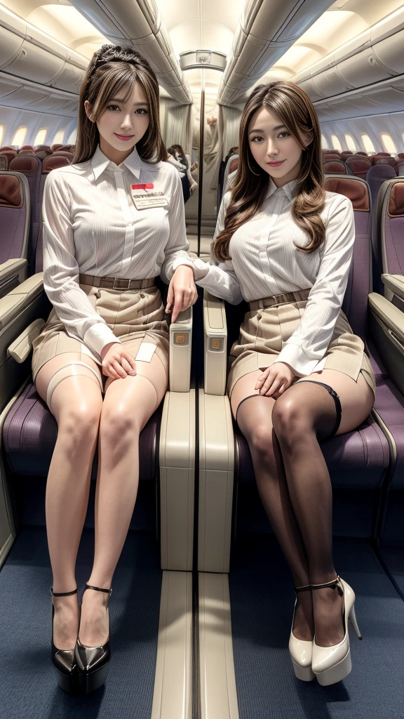 (((Cabin Crew、Tight mini skirt))), Highest dignity, Charismatic, ((5 women showing their panties)), (drooping eyes), ((sleepy)), Archaic beauty, Hair UP, Thigh high stockings, nameplate, ID Card,teats、 (Whole body), Open thighs, raise leg, Open mouth, Background inside the plane,