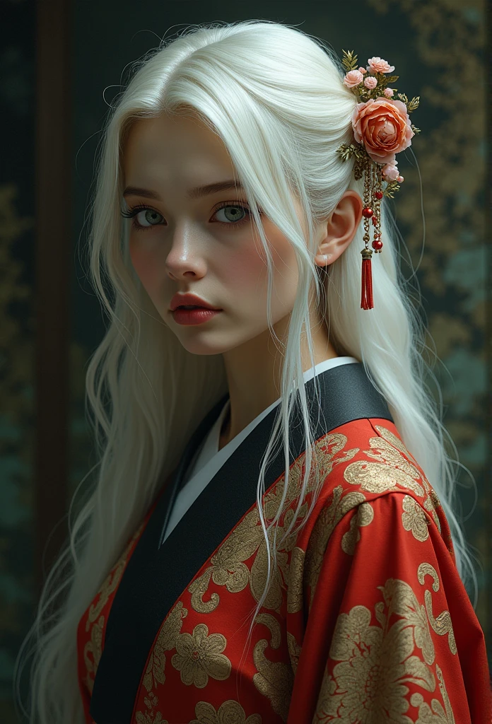 (front focus),(in the dark:1.6),in kimono A hyperrealistic portrait of a woman by David Hockney and Alphonse Mucha,fantasy art, photorealistic,  dynamic lighting , art station, poster, volumetric lighting,  very detailed faces, 4 thousand., Award Winning,,  1girl, in the dark, deep shadow, low key, cowboy shot,( formal wear :1.4) , long hair, white hair,