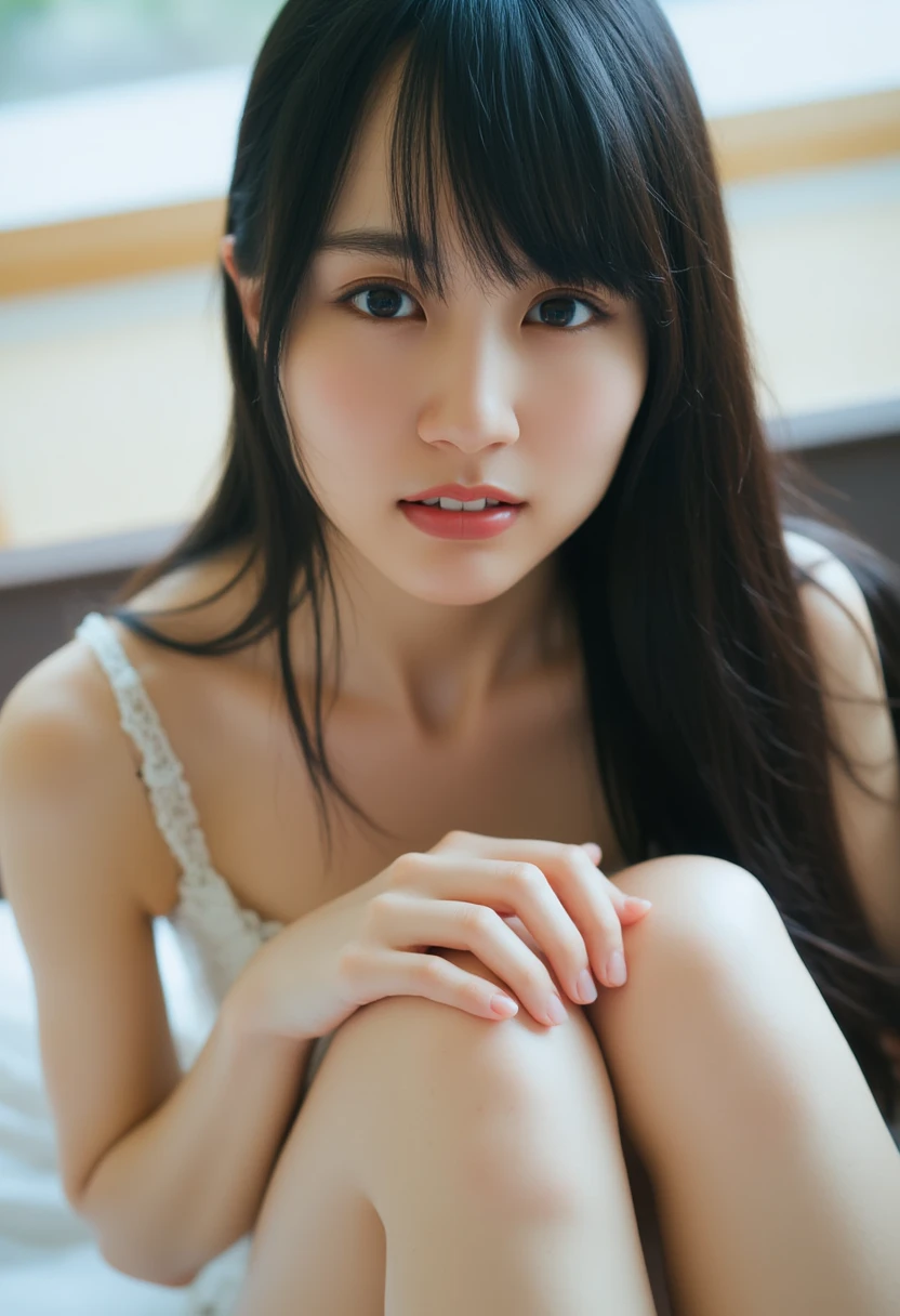 (1 cute Asian star) Realistic photo of shoulder-length hair, light makeup, small breast, no clothes, in school, clear facial features, 8K high resolution, clear and realistic details.