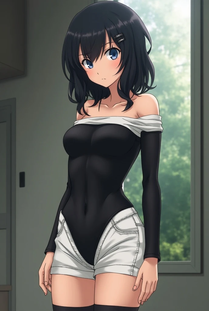 (masterpiece, best quality), sakurada, black t shirt, long sleeves, white pants,