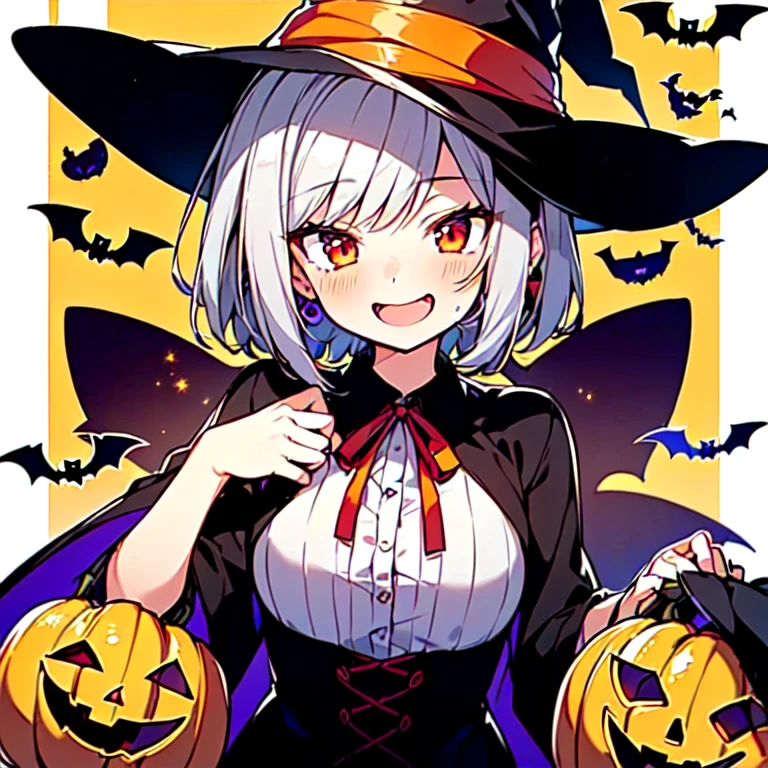  1 girl, avatar style, little character ,Cat ears,Mother cat,(( Silver hair short cut ,Red eyes,cute )),(((Halloween))), seven-colored rainbow background ,whole body, best quality, Show animated illustration style ,((( I put a witch hat on my head, costume with ribbon , joyful face,Kittens , jack-o-lanterns are glowing, multiple bats are flying   )))