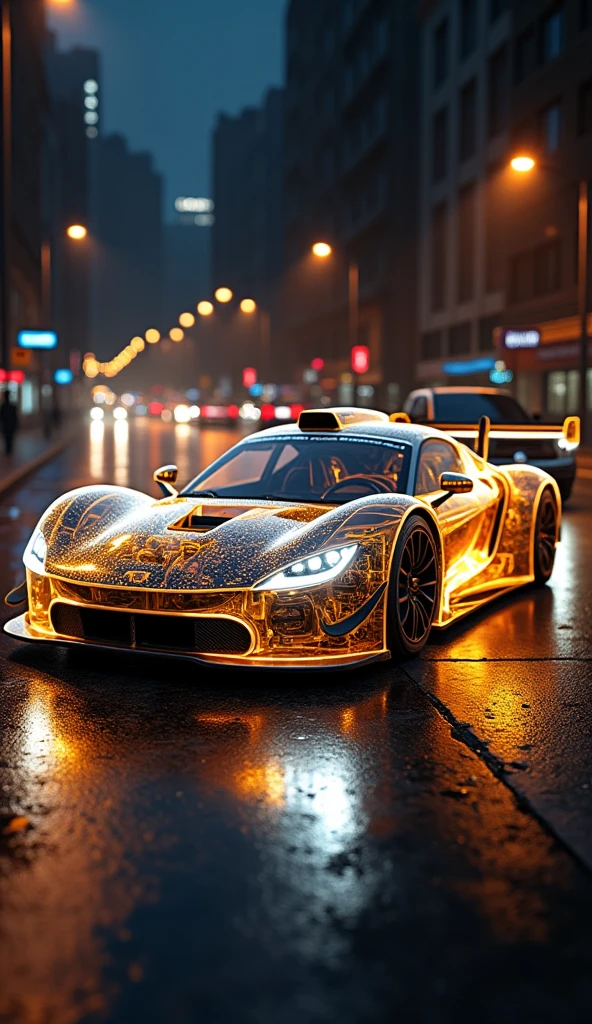 spectacular digital rendering of a (transparent:1.5) DTM concept hyper car, revealing internal mechanical components such as engine, car chassis, suspension, and internal wiring, detailed textures, detailed machinery, accurate lighting and shadows, 8k quality, intricate patterns, high-definition, glossy gold neon finish, vivid reflections, perfect lighting, busy street at night, BREAK