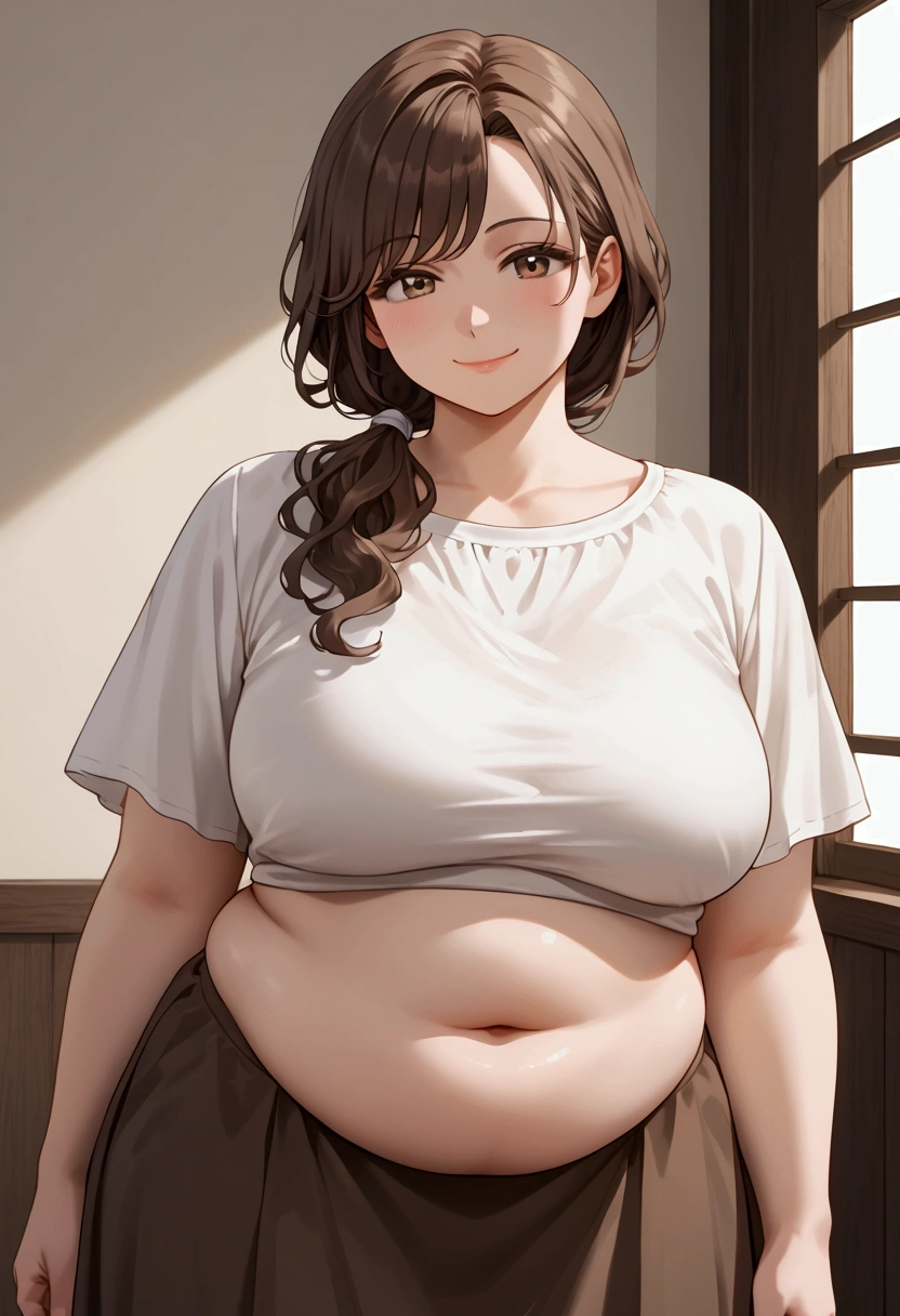 Chubby anime young woman, white blouse, brown long skirt, fat belly, smiling, slightly wavy hair, brown hair, hip length hair, low ponytail, parted on left side bangs, brown eyes, mature, wide shot