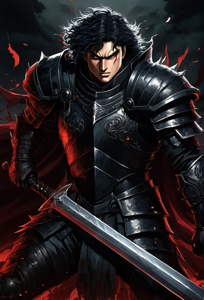  Digital illustration featuring a dark , intense, and dynamic style .  The layout is focused on a single subject ,  a fierce warrior with an ominous expression .  The character Guts Berserk has pale skin , sharp facial features,  and is portrayed with a large , open smile, revealing sharp teeth. His eyes are wide and intense,  adding to the ferocity of his expression .  He is dressed in a dark ,  heavy armor with intricate details ,  and his hair is wild and black ,  blending into the dark background .  The warrior wields a massive ,  bloodstained sword ,  that is prominently displayed in the foreground . The background is minimalist,  with a gradient from dark to light , and small,  dark shapes that resemble birds or debris scattered around,  highlighting the chaotic atmosphere .