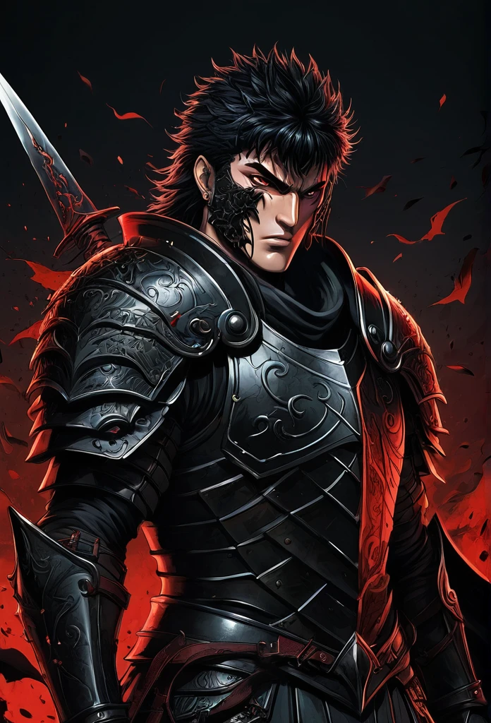  Digital illustration featuring a dark , intense, and dynamic style .  The layout is focused on a single subject ,  a fierce warrior with an ominous expression .  The character Guts Berserk has pale skin , sharp facial features,  and is portrayed with a large , open smile, revealing sharp teeth. His eyes are wide and intense,  adding to the ferocity of his expression .  He is dressed in a dark ,  heavy armor with intricate details ,  and his hair is wild and black ,  blending into the dark background .  The warrior wields a massive ,  bloodstained sword ,  that is prominently displayed in the foreground . The background is minimalist,  with a gradient from dark to light , and small,  dark shapes that resemble birds or debris scattered around,  highlighting the chaotic atmosphere .