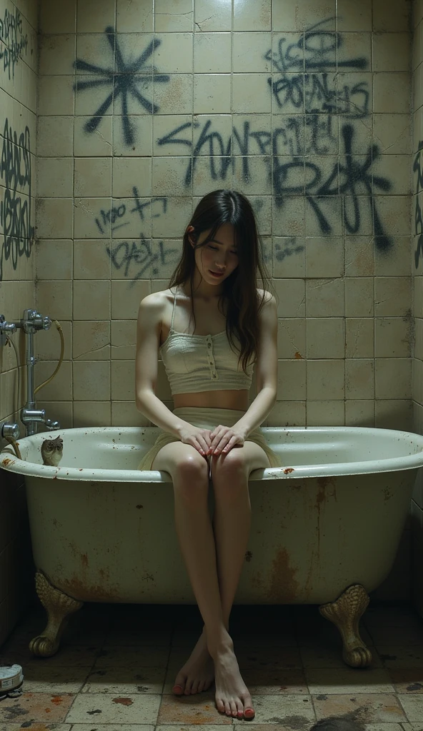 prompt : In this artistic scene, the young woman sits in a worn, neglected bathtub, her calm expression a striking contrast to the gritty environment around her. The bathroom, old and dimly lit, exudes a sense of abandonment, with cracked tiles and grimy walls marred by the faded remnants of spray-painted graffiti—random phrases and symbols scattered chaotically across the surfaces. Cobwebs cling to the corners and crevices of the walls, adding to the sense of decay. A small gecko clings to one of the tiles, motionless, while three tiny mice scurry along the edges of the room, their quick movements barely noticeable in the shadows. The light filtering into the room is weak, casting long, eerie shadows that enhance the unsettling atmosphere, yet the woman remains composed, her pale skin and serene expression contrasting starkly with the disrepair of her surroundings. This juxtaposition of beauty and decay transforms the scene into a powerful work of art, focusing on themes of isolation, resilience, and the stark contrast between human vulnerability and the harshness of the environment