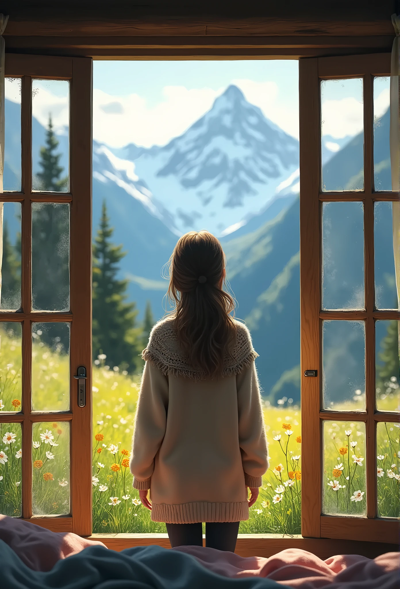 Girl in sweater , windows - Alpine meadows