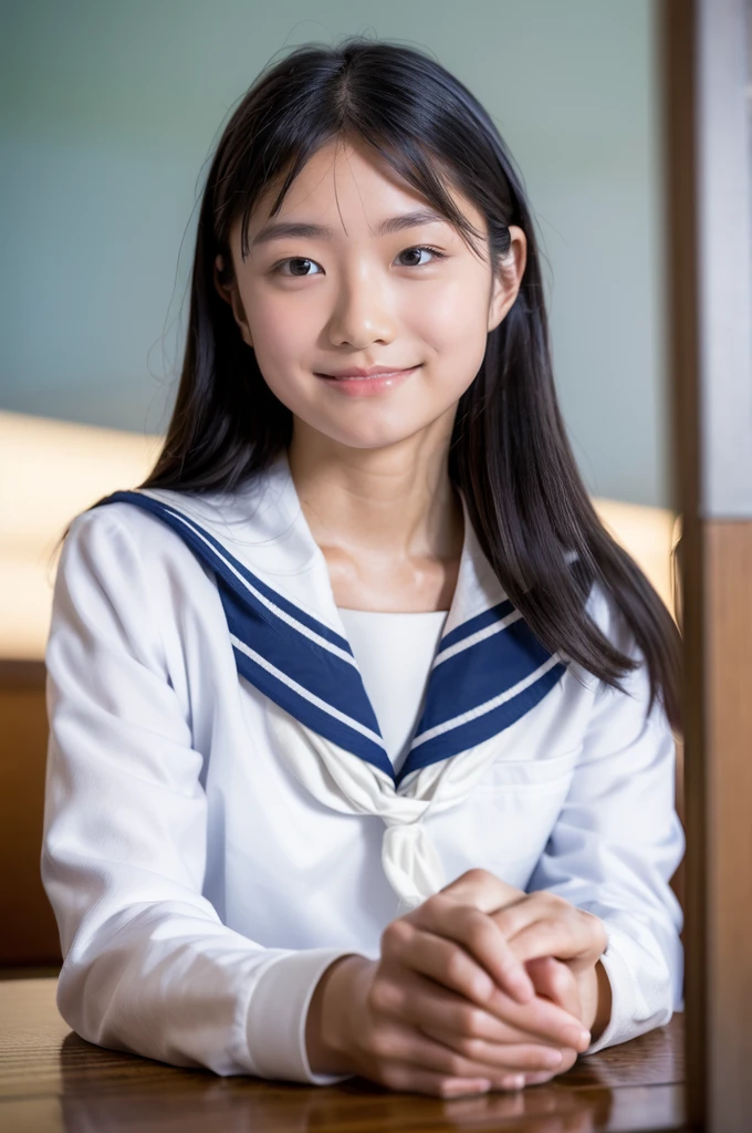 lens: 135mm f1.8, (highest quality),(RAW Photos), (Tabletop:1.1), (Beautiful  Japanese girl), Cute Face, (Deeply chiseled face:0.7), (freckles:0.4), (sparkling eyes), (healthy white skin), Dramatic lighting, (Japanese School Uniform), (In the classroom), shy, (Close-up shot:1.3), (smile, closed mouth:1.4), (sunlight), Sailor suit, dark blue, Long sleeve, (looking away:1.5)