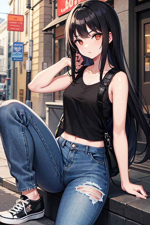 woman, long hair, black hair, green eyes, looking at viewer, street, black shirt, short jeans, casual hat