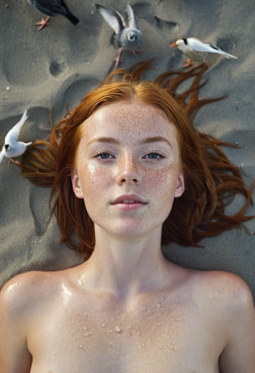 4 girls, Young Teenage girl, nude, Nordic Ethnicity, chin length bob hairstyle, dark ginger hair with a perfect face and small breasts, with freckles, wet body, on beach, looking up at camera. camera facing down, birds eye view