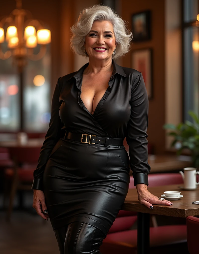 A fashionable an older woman, 80years old, older, 1plus size model, sexy and hot, chubby, big boobs, big hips, fashion model, nice face, bold makeup, warm smile, elegant woman with a bold figure, dressed in a tight pencil skirt and a tailored, plunging neckline blouse. She’s wearing thigh-high leather boots that hug her legs sensually. As she stands, one leg is crossed in front of the other, leaning slightly on a café chair with her back arched subtly. She looks over her shoulder with a sultry smile, her body language exuding confidence and sophistication, huge ass, huge hips.