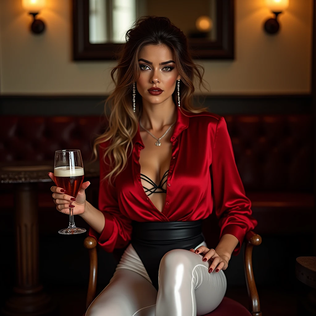 photography, dimly lit room with a sunset atmosphere, capturing a female figure lounging on a deep crimson color rustic couch, wearing a black suit and white shirt with loose blue tie, arm resting on hers bent knee, hand holds a cup of wine, illuminated by a beam of light from an unseen source off-camera, light filters through the deep smoke, casting dynamic patterns and giving the scene a moody, dark atmosphere, cinematic quality resolution, air of contemplation in hers posture and the ambient glow contributes to the intimate and introspective mood of the portrait, high contrast --ar 9:16 --style raw --s 400
