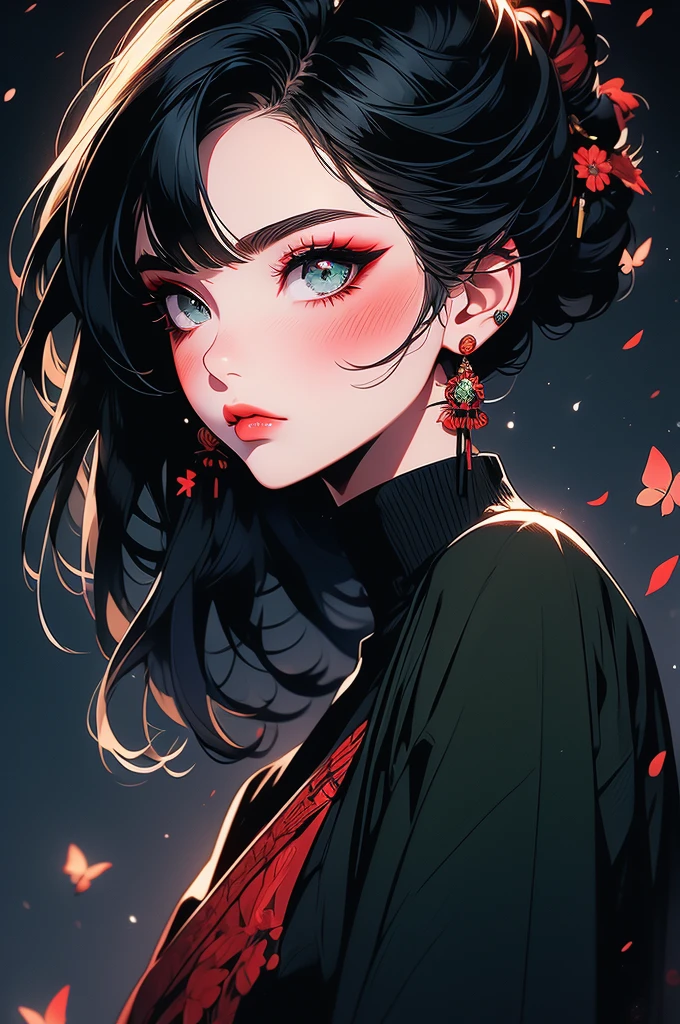 dark green eyes, 1girl, japanese girl, (wearing a black turtle neck top), blushing expression, full lips, ((closed mouth)), glowing eyes, long black hair, hair ornament, japanese hair ornament, hair jewelry, straight bangs, straight hair, dark blue hair highlights, ((hair up-do)), hair tied up, red spider lilies petals, crescent moon on the forehead, button nose, elegant, black butterflies, red makeup, pale skin, white skin, white makeup, tyndall effect